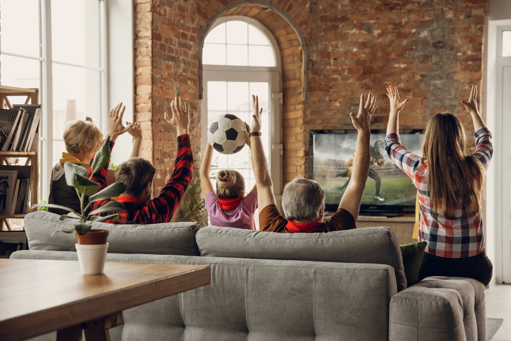 excited happy big family team watch sport match together couch home excited happy big family team watch sport match together couch home
