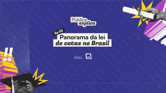 Imagem do "Pública Explica" (Ep. 02) sobre "Panorama da lei de cotas no Brasil", com fundo azul, pilha de livros, diploma e capelo de formatura. Inclui logos da Pública e Fundação Itaú.