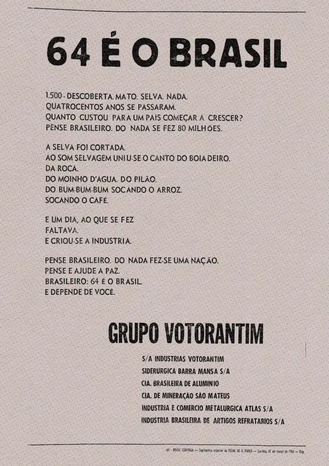 Anúncio publicado no dia 31 de março de 1964 corroborando o golpe
