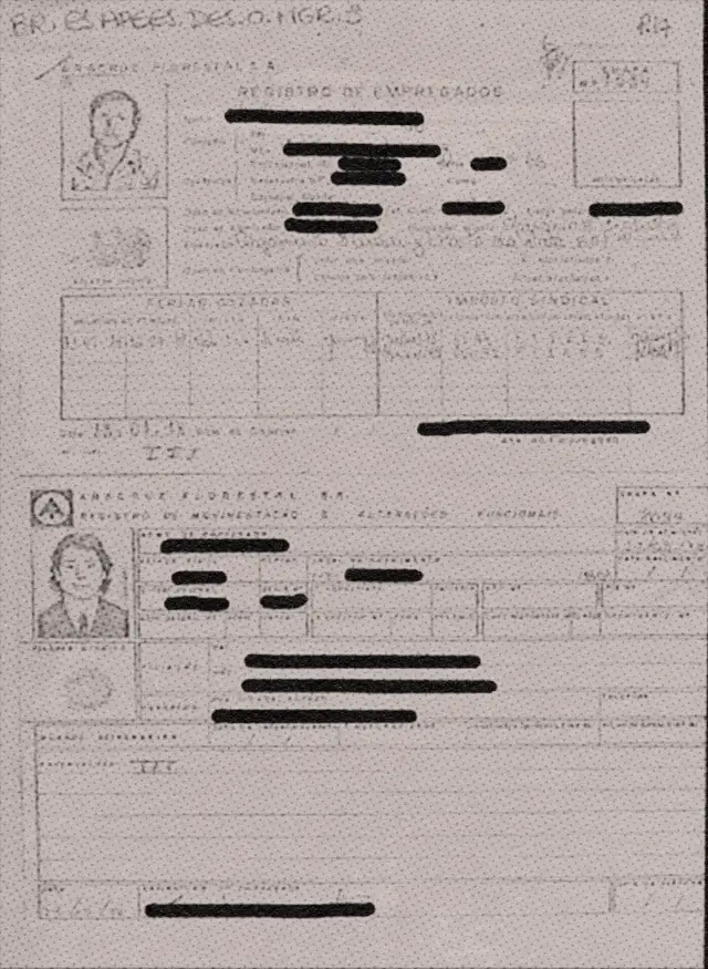 Ficha de trabalhadores compartilhada entre a Aracruz e o DOPS com informações pessoais, como filiação, endereço, números das carteiras de identidade e de trabalho.