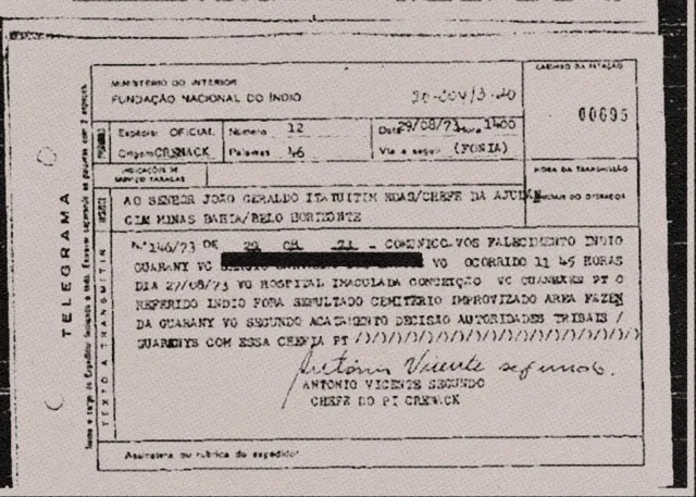 Documento da Funai que descreve que um guarani havia sido sepultado num 