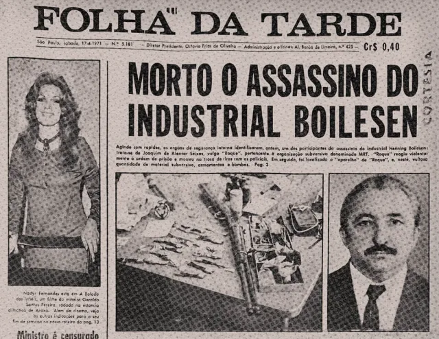 Manchete do jornal Folha da Tarde, em que noticiou o assassinato do responsável pela morte do industrial Boilesen
