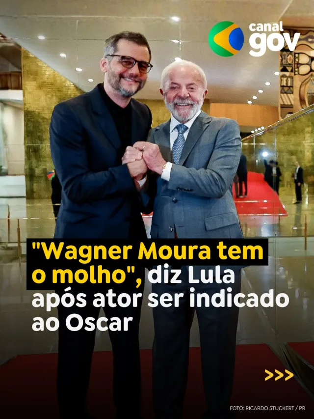Governo celebra premios do cinema mas anuncia e no streaming Publicação conjunta do CanalGov e EBC exalta indicação de O Agente Secreto ao Oscar com foto do presidente Lula ao lado do ator Wagner Moura
