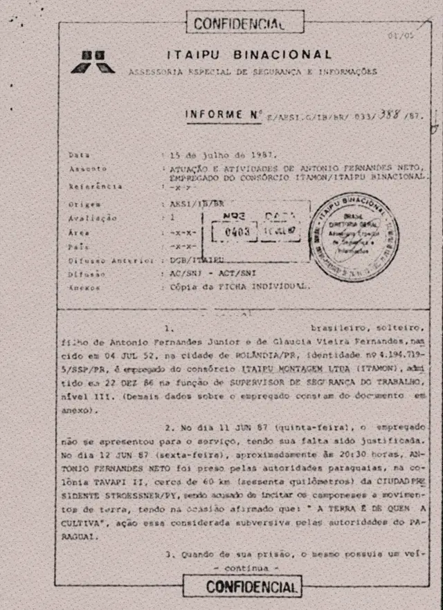 Documento confidencial de Itaipu sobre 'infiltração comunista'