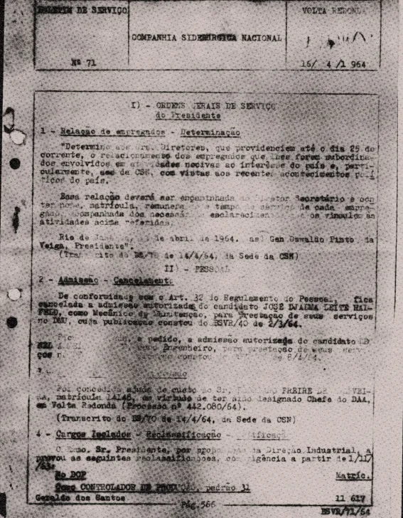 Boletim da CSN para que diretores e chefes listem funcionários considerados subversivos