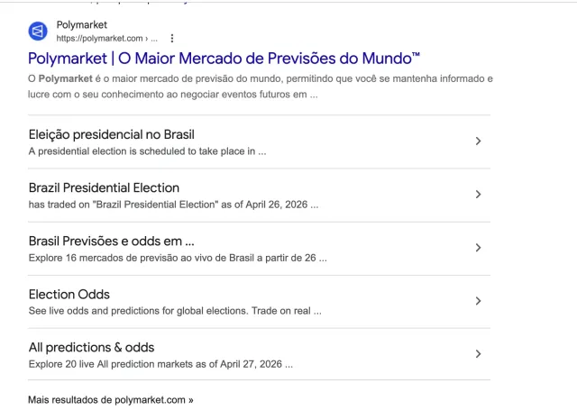 Página com os resultados da busca por Polymarket na internet