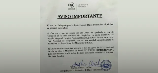 Comunicado do Ministério da Saúde confirmando que o Hospital de Rosales não pertence mais ao Estado, mas a uma rede autônoma