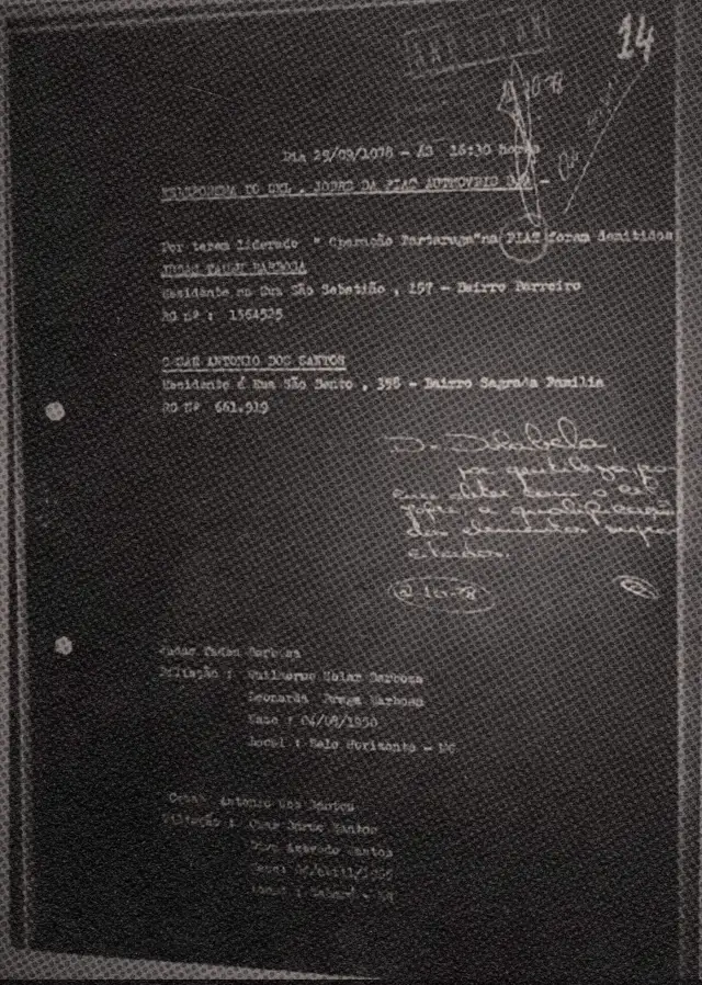 Documento enviado ao militares sobre os funcionários da montadora de carros Fiat