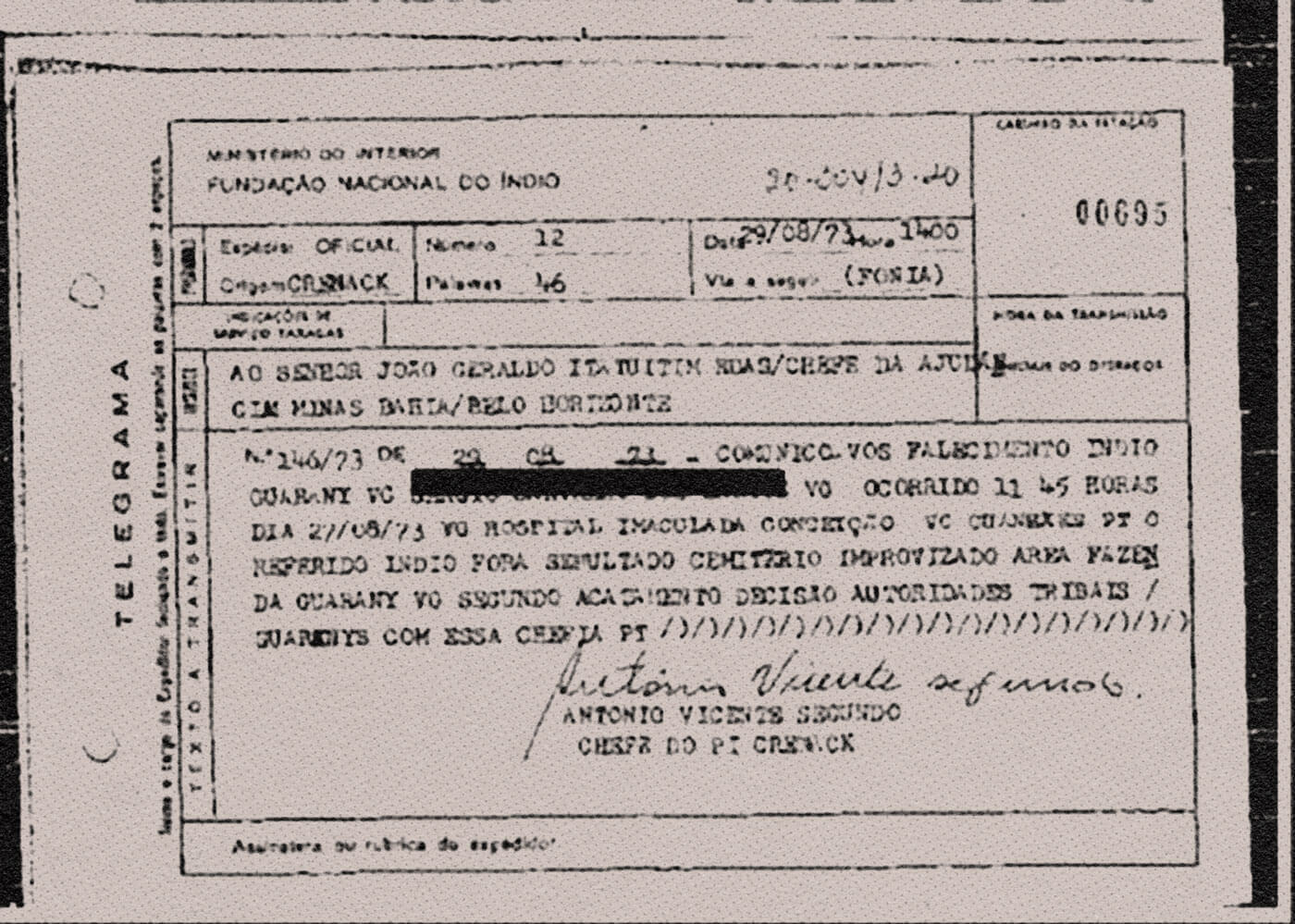 Aracruz teria usado prisões de indígenas para obter terras 2 Documento da Funai que descreve que um guarani havia sido sepultado num