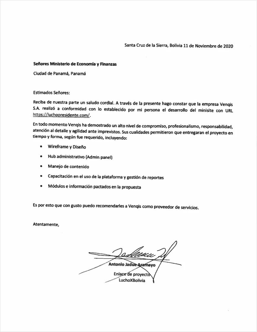 Reprodução proposta de projeto que a Venqis entregou ao Ministério da Economia e Finanças do Panamá