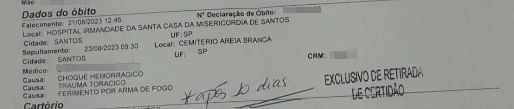 Declaração de óbito de Vinicius de Souza Silva, jovem morto pela PM durante Operação Escudo no litoral de São Paulo