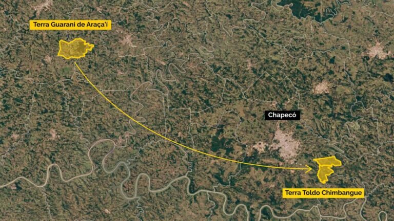 Como o Marco Temporal varreu uma terra indigena do Censo Mapa mostra distância entre a terra indígena Guarani de Araça'Í e a terra indígena Toldo Chimbangue