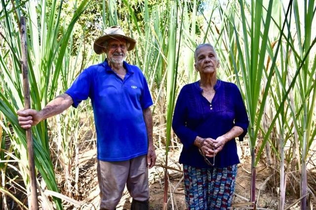 Cerrado mineiro que inspirou Guimaraes Rosa ja nao e um.j Raimundo Antonio é um homem branco com cabelos grisalhos e olhos escuros, ele veste camiseta azul de gola, ao seu lado, Joaquina Pereira uma mulher branca com cabelos grisalhos e olhos escuros.