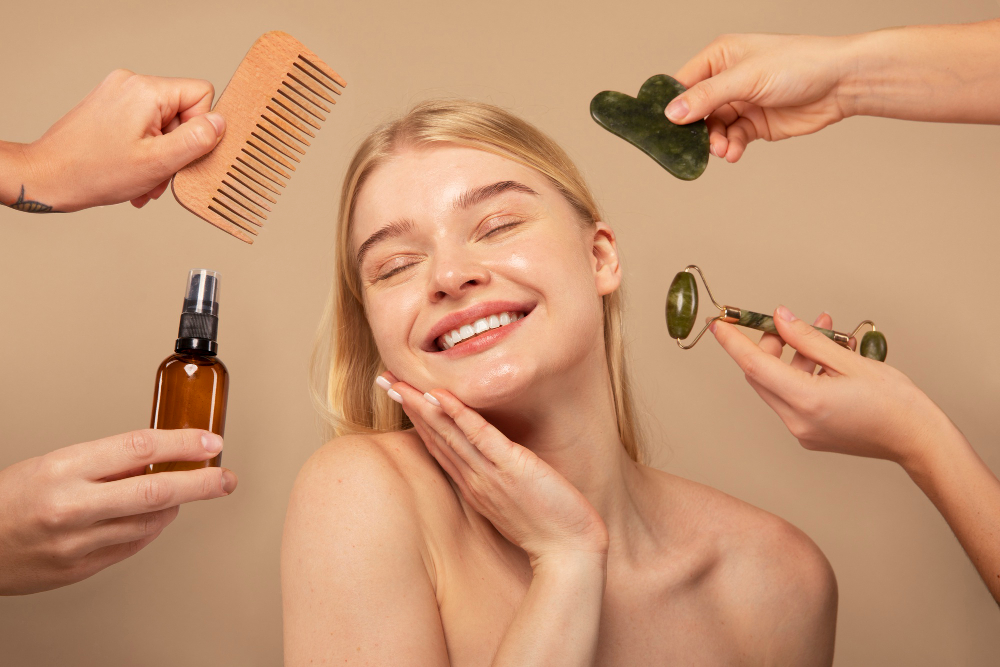 feche a mulher sorridente com ferramentas de beleza mercado de beleza