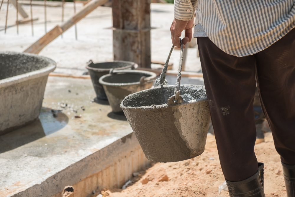 hand worker take concrete bucket construction site hand worker take concrete bucket construction site