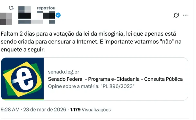 Senado aprova lei sob ataques nas redes.webp.webp Post no X rebate projeto de lei sobre misoginia